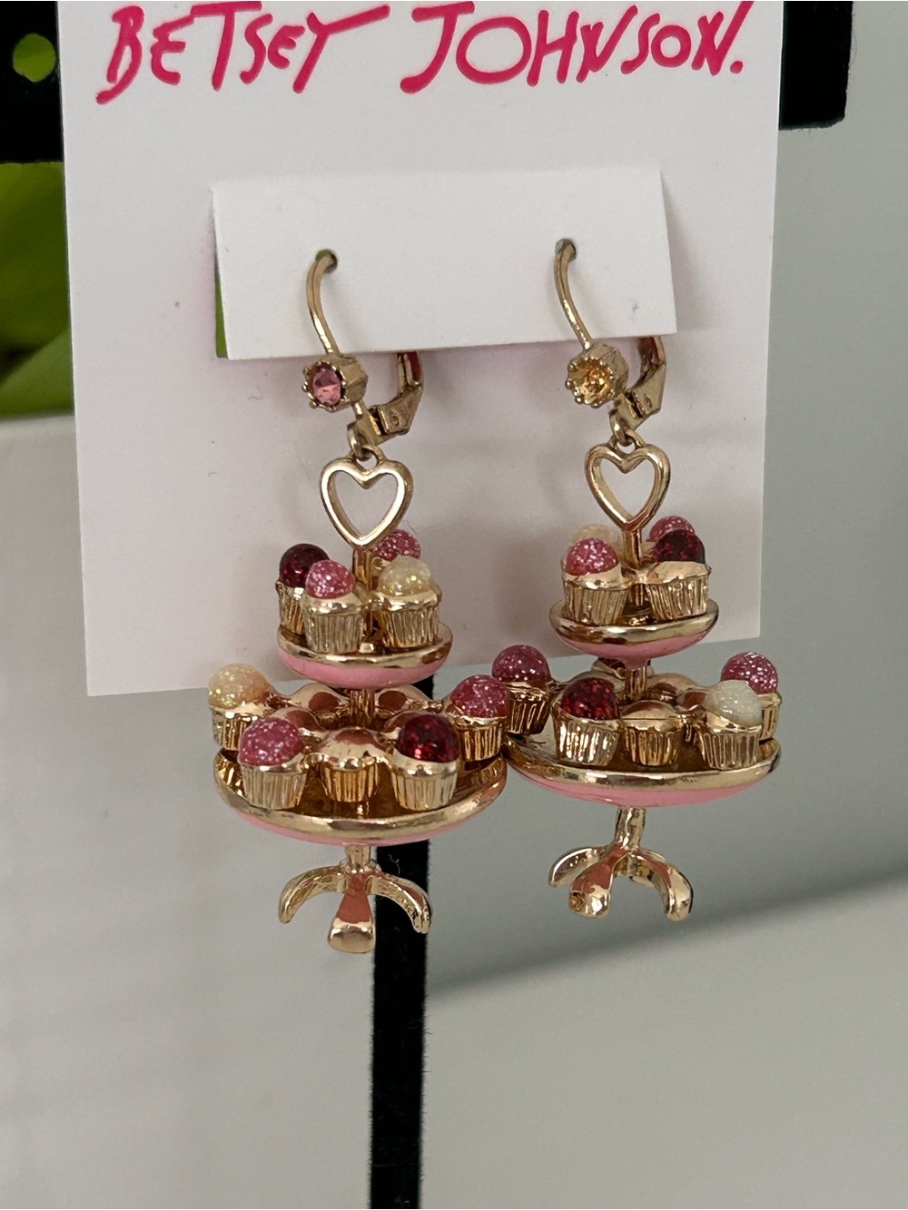 Betsey Johnson Pink, Red & Cream Tiered Cupcake Stand Drop Earrings